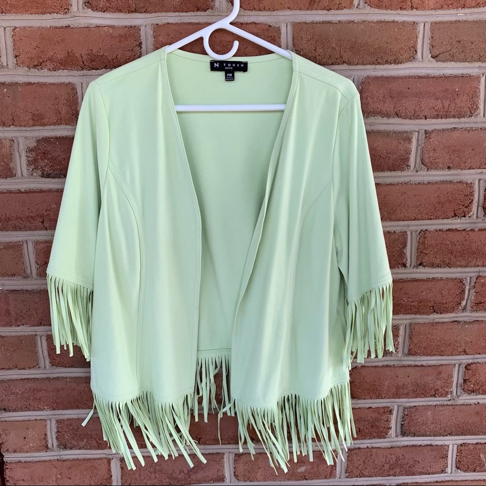 Spectacular sage green open front cardigan with fringe. Size Petite Medium
